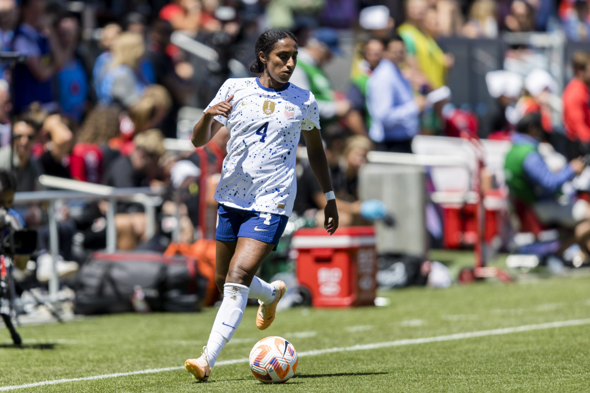 Jul 9, 2023; San Jose, California, USA; United States of America defender Naomi Girma (4) looks to pass against Wales during the second half at PayPal Park. Mandatory Credit: John Hefti-USA TODAY Sports